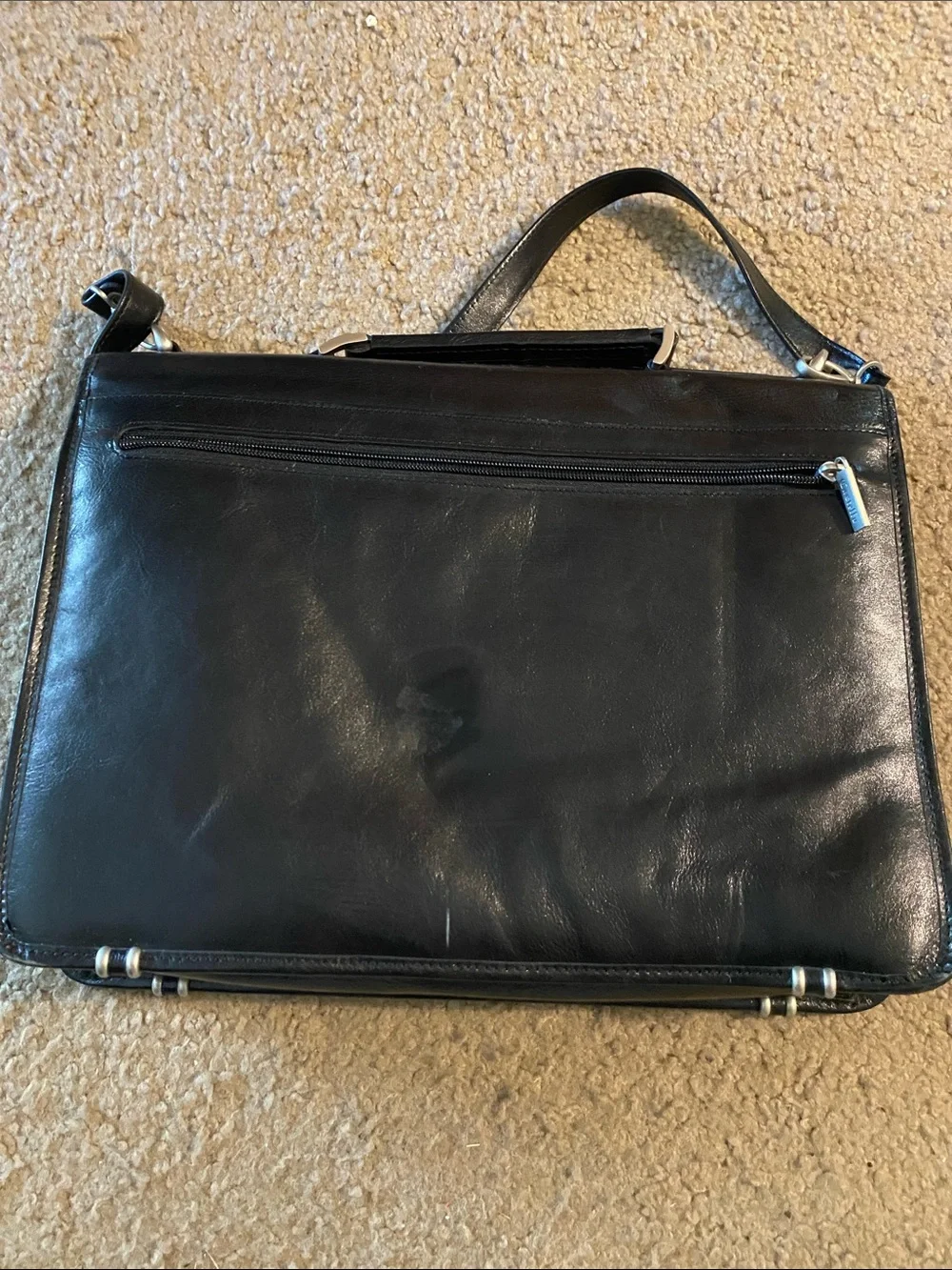 Torino Series by Castello Black Leather Flap Briefcase with Silver Hardware